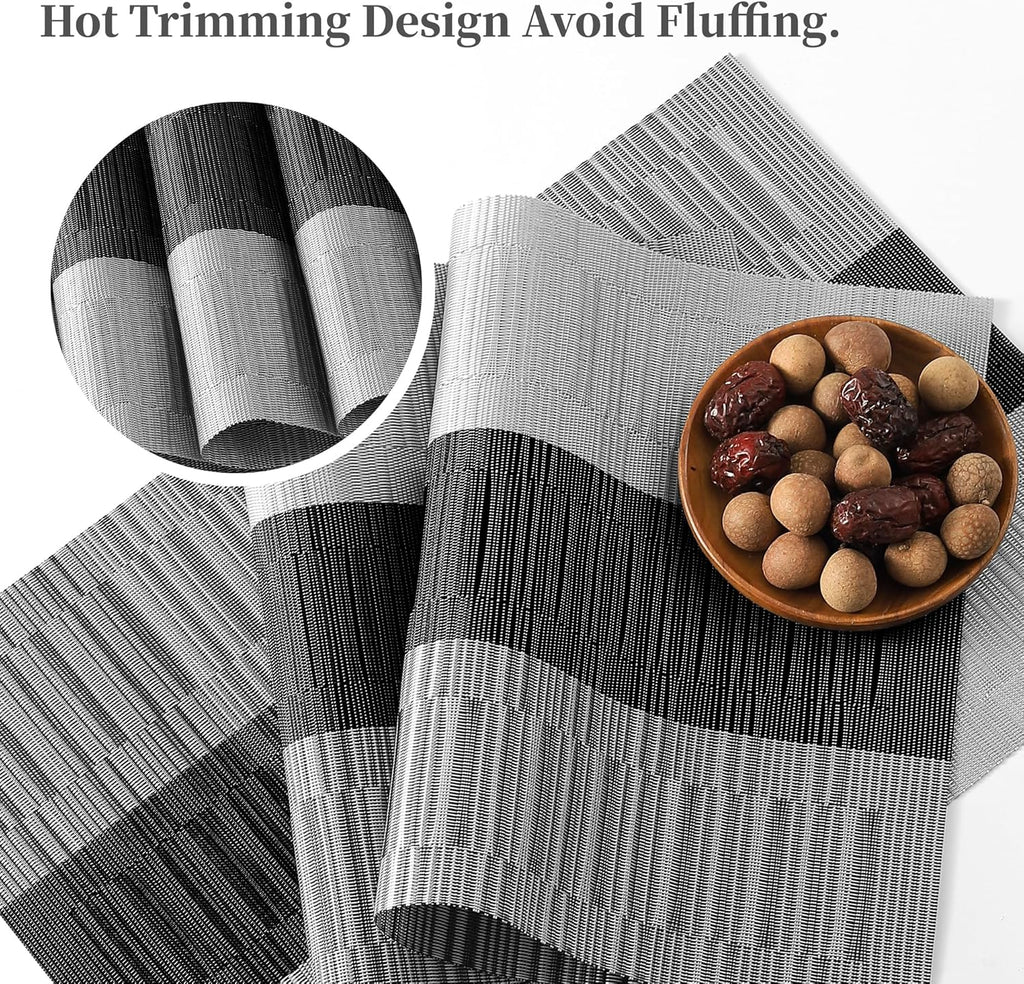 Leetaltree Grey with White Striped Placemats Set of 4 - Heat Resistant Non-Slip Place mats for Dining Table, Washable Durable PVC Vinyl Woven Table Mats（Grey Stripe, 4）