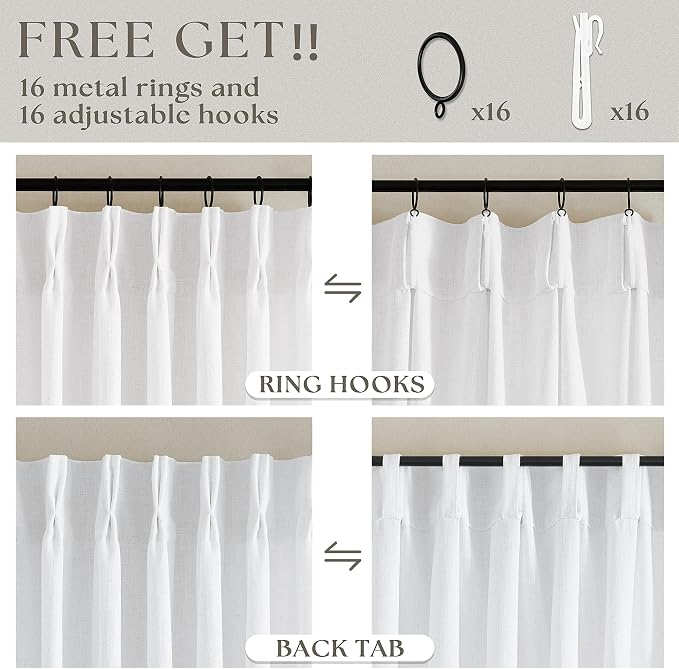Snow White Linen Pinch Pleated Curtains 86 Inches Long 2 Panels | Textured Linen - Image 5