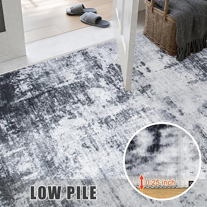 2.6x8 Washable Runner Rug：Modern Abstract Soft Carpet Dark Black | - Image 8