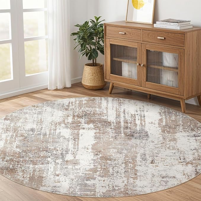 LOONGRUG Round Rug 10x10 Washable Circle Large Neutral Modern Rugs Brown | - Image 8