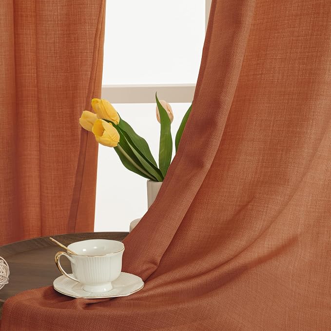 Linen Curtains 84 Inch Long for Living Room 2 Panels, Terracotta | Extra Wide - Image 3