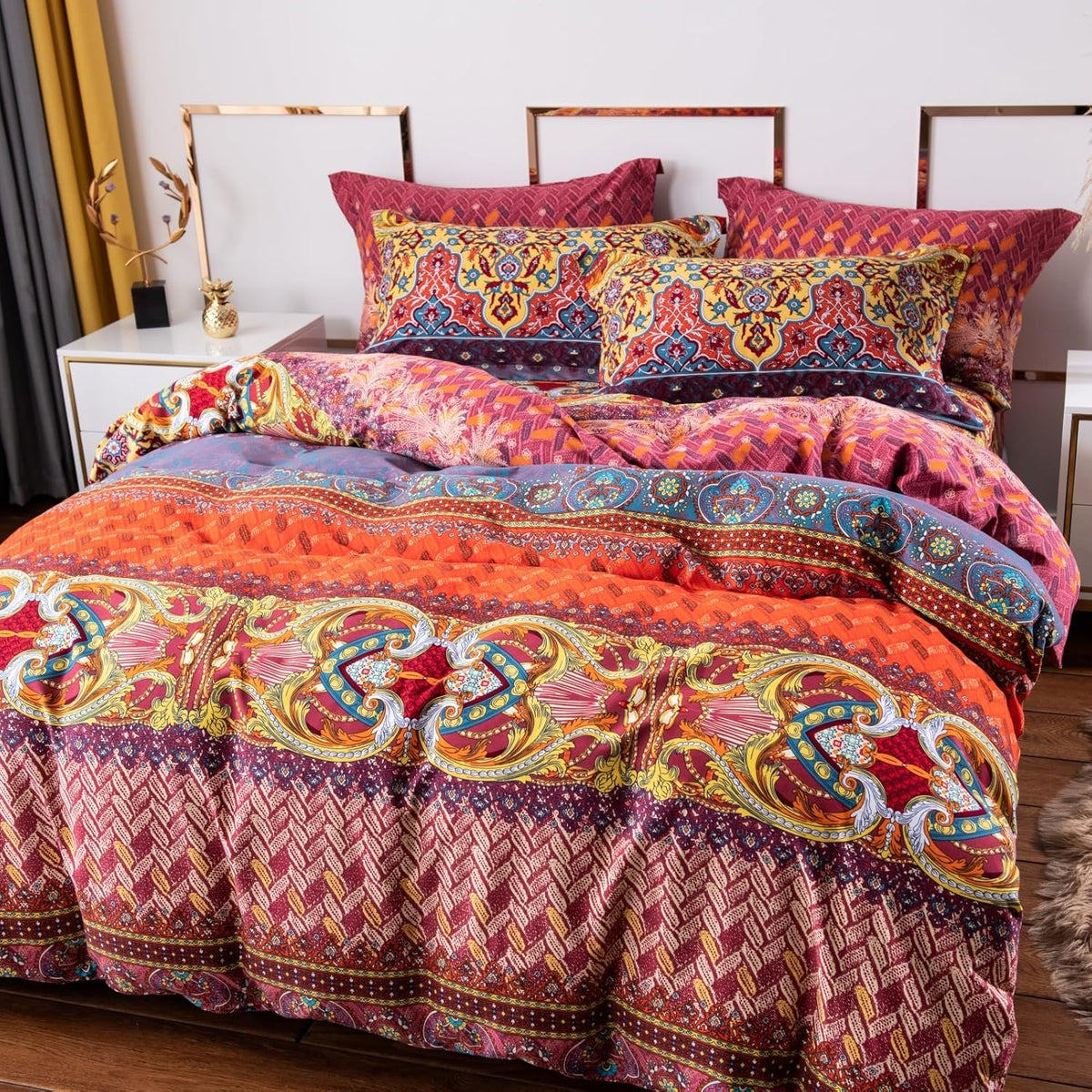 ABREEZE Bohemian Duvet Cover Set Colorful Orange Boho Retro Bedding Set Damask Paisley Cotton Duvet Cover Tribal Reversible Bedding Exotic Style Comforter Cover 3-Piece Cal.King