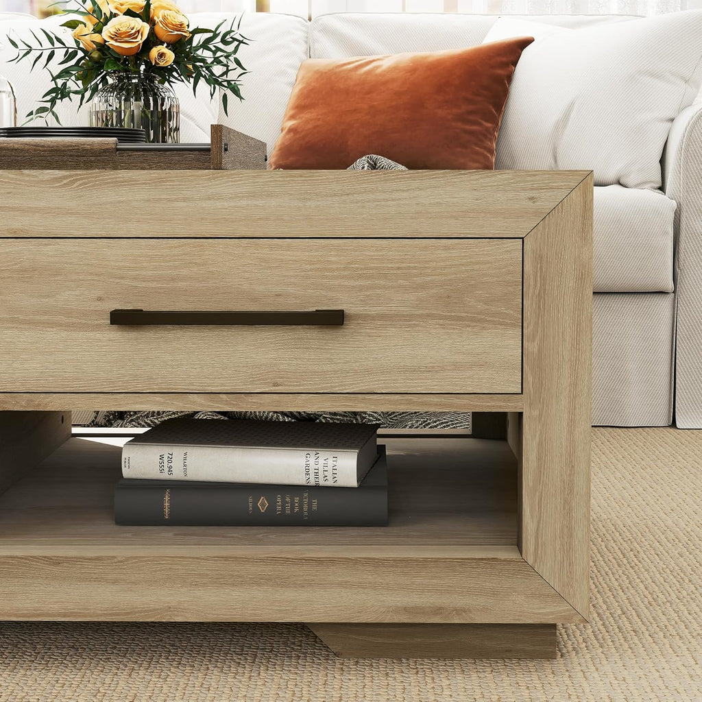 Hazel Coffee Table with 4 Storage Drawers and Open Shelf, Metal Handles, Rectangular Modern Luxury Table for Living Room