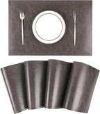 Waterproof PU Placemats, Faux Leather Dinging Table Mat, Set of 4, Easy to Wipe Off Scrub Vinyl Mat, Heat & Stain Resistant for Office Conference Table, Home Decor G Graphite Grey
