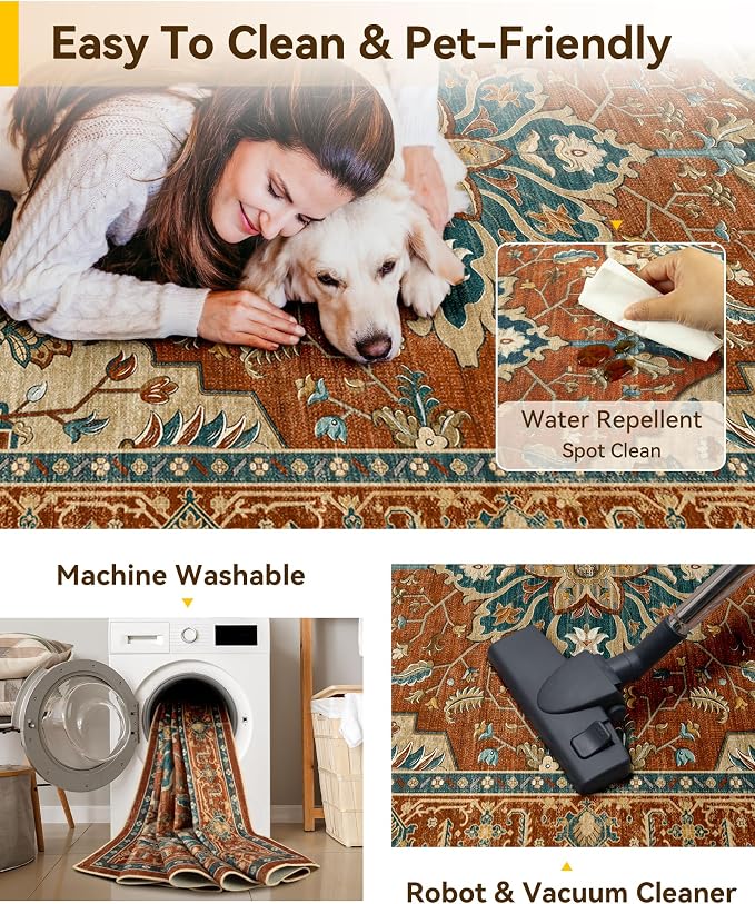 RELEANY Washable Area Rug, Water Repellent, Pet Friendly, Vintage Floral Boho - Image 4