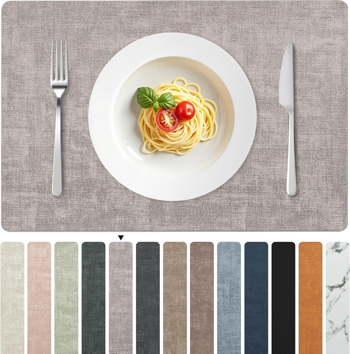 FROMHEART Faux Leather Placemats Set of 6–Waterproof,Heat/Oil Stain-Resistant PU Table Mat–Reversible,Non-Slip,Easy to Clean Place Mats for Kitchen,Dining,Indoor/Outdoor,(Light Grey,11.8" x 17")