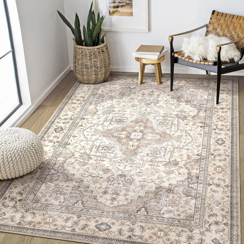 Washable Area Rugs for Living Room - 6x9 Neutral Vintage Distressed Floral Farmhouse Boho Large Soft Floor Rug Indoor Non Slip Carpet for Bedroom Dining Room Office - Brown/Multi