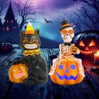 Vintage Halloween Decorations Indoor - 2-Pack 4.7'' Resin Skeleton Gentleman & Black Cat Figurine with Flickering Pumpkin Lights - Halloween Table Decor Ornaments Gifts (Jack-O’-Lantern)