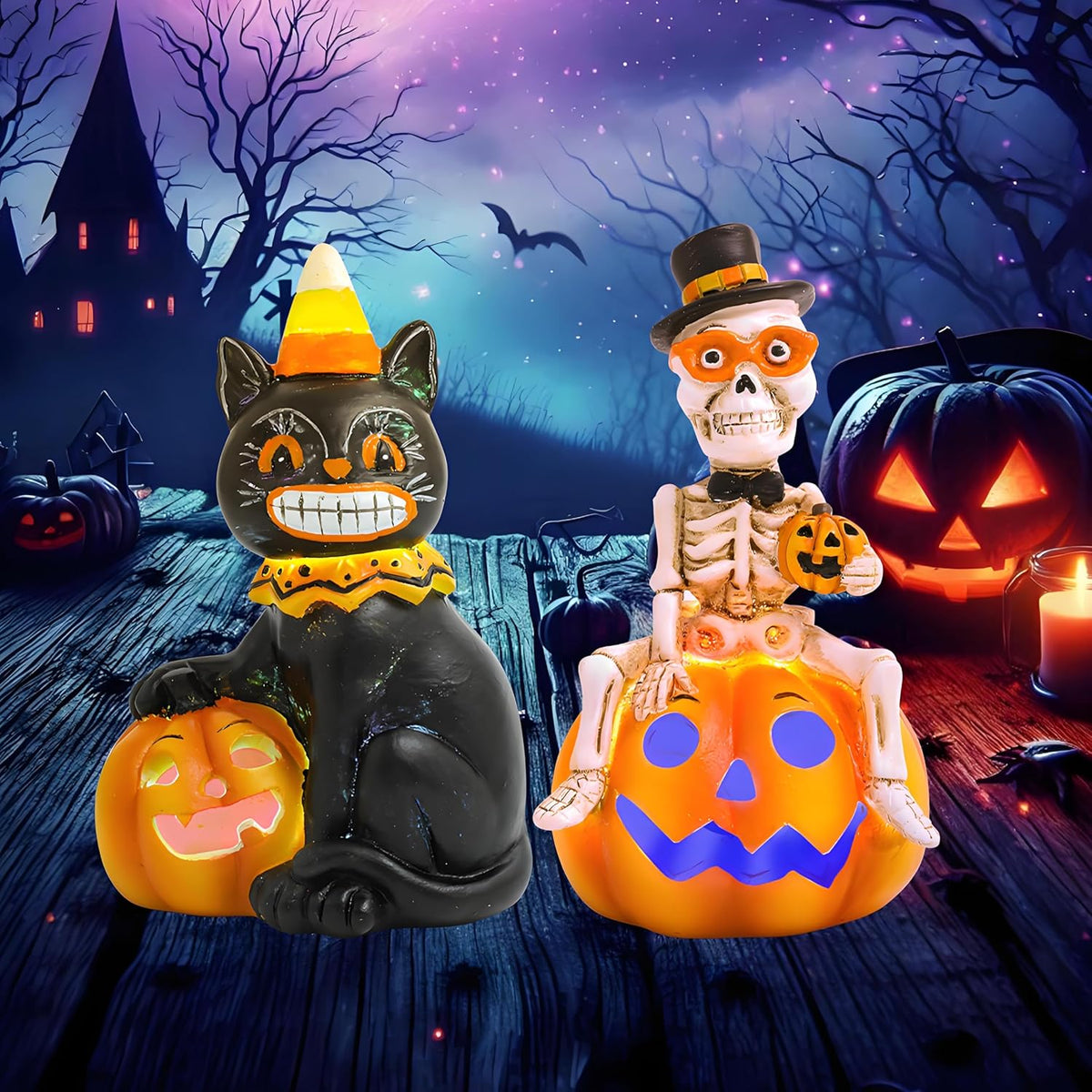 Vintage Halloween Decorations Indoor - 2-Pack 4.7'' Resin Skeleton Gentleman & Black Cat Figurine with Flickering Pumpkin Lights - Halloween Table Decor Ornaments Gifts (Jack-O’-Lantern)