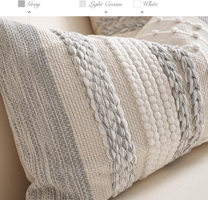 Gray Boho Decorative Throw Pillow Cover 22x22 Square Farmhouse Accent Cushion - Image 3