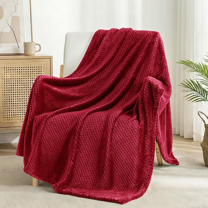 Exclusivo Mezcla Soft Waffle Fleece Bed Blanket Queen Size, Deep Red | - Image 4
