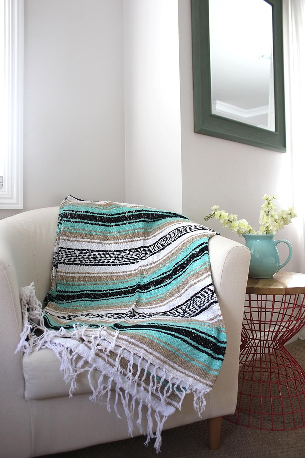 Del Mex Classic Mexican Blanket, Large Authentic Woven Falsa Throw (70"x50"), Artisan Southwest Décor for Beach, Yoga, Outdoors (Mint/Tan)