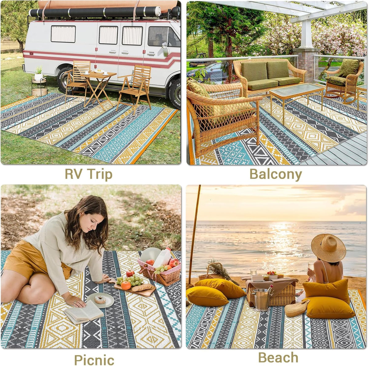 GAOMON Reversible Outdoor Rug 9'x18' Waterproof Plastic Straw Rug, Patio Rug, Large Modern Area Rug Carpet, Indoor Outdoor Rugs for Camping, Porch, Deck, Balcony, Backyard, Teal/Yellow(Bohemia)