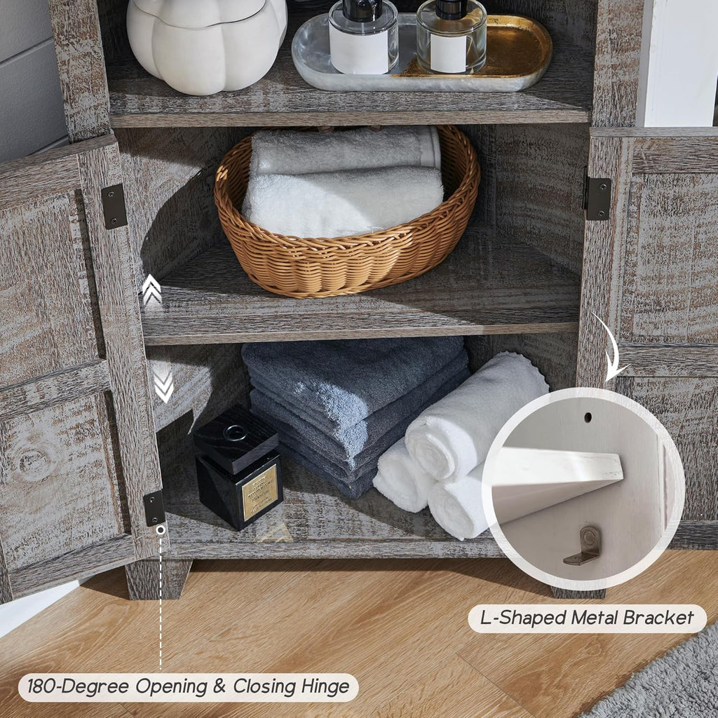 Corner Bathroom Cabinet, Farmhouse Small Corner Cabinet with Barn Door & Adjustable Shelf, Storage Cabinets for Bathroom, Kitchen, Living Room, Grey Wash