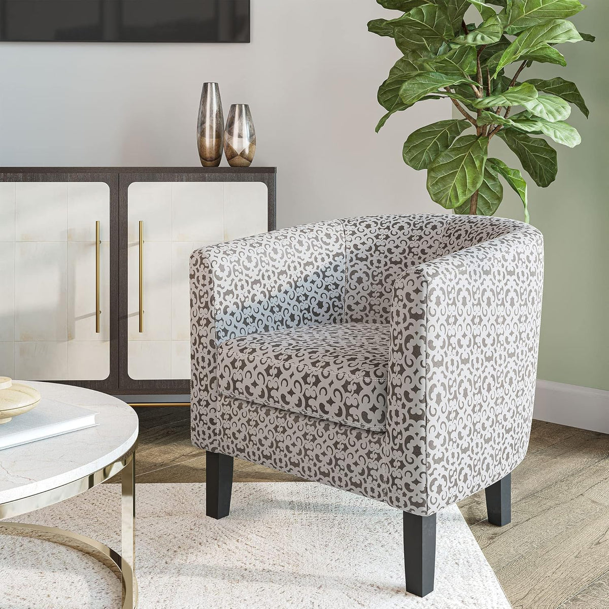 BELLEZE Accent Barrel Chair Set of 2, Linen Round Chair Club Tub Sofa Corner Chair with Flared Legs and Cozy Soft Padding for Living Room Bedroom Waiting Room - White & Brown
