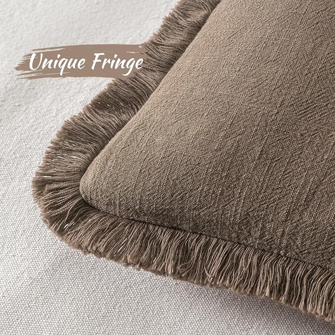 MIULEE Linen Fringe Decorative Fall Euro Pillow Covers Cocoa Brown 24x24 | Set - Image 3