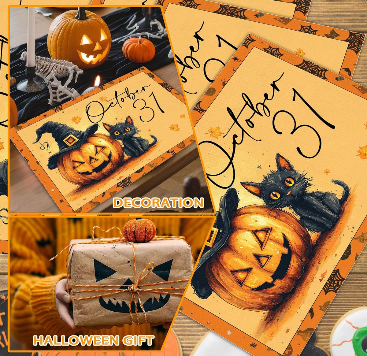 Halloween Pumpkin Placemats Set of 4, 12x18 Inch Pumpkin and Black Cat Table Mat, Washable Heat Resistant Place Mats for Kitchen Dining Table, Spooky Themed Decoration for Home-B09
