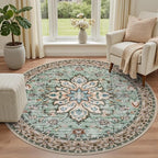 Round Area Rug for Living Room: 6ft Boho Washable Rug Brown Green | Vintage - Image 2
