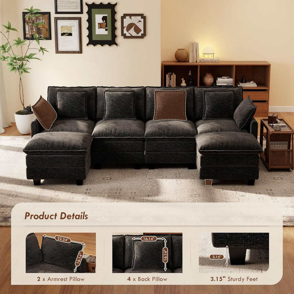 Ihanherry 106" L Shaped Modular Sectional Cloud Sofa, Modern 6 Seat Chenille Couch with Ottoman for Living Room, Bedroom and Apartment, Black