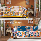 Boho Throw Blanket Twin Size, Soft Cozy Cotton Muslin Quilt Blanket for Bed Decor, Floral Patterned Couch Sofa Chair Cover, Vintage Farmhouse Cottage Tapestry Woven Blanket, Yellow&Blue