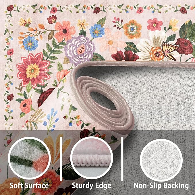 Blush Floral Entryway 3x5 Rug for Bathroom Bedroom Washable Rug | Non Slip Soft - Image 3