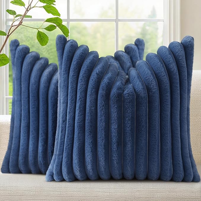 decorUhome Fall Faux Fur Throw Pillow Covers 20x20 Set of 2 Navy Blue | by decorUhome