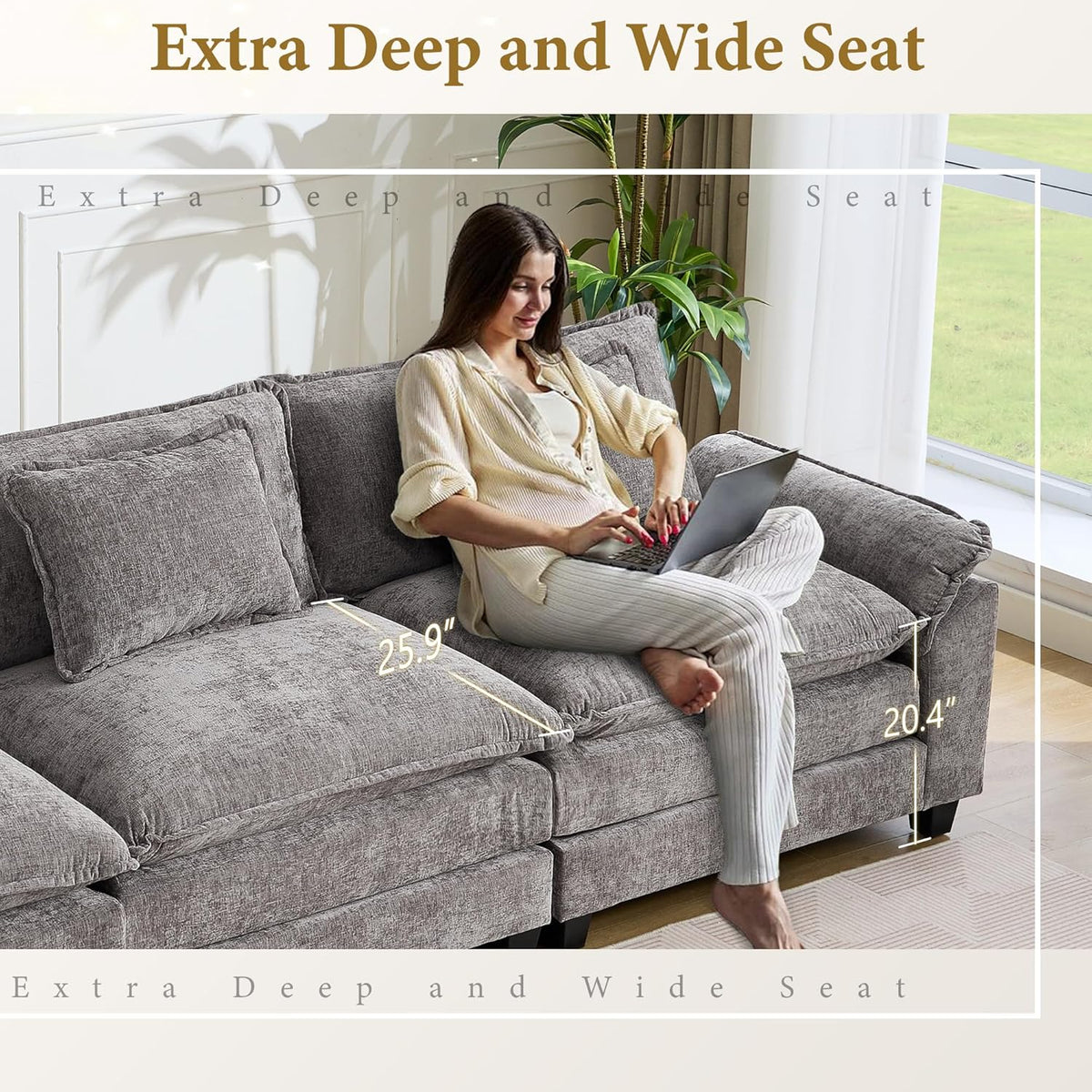 URRED Modular Sectional Sofa Comfy Cloud Couch, Modern Chenille Sofa Sleeper Deep Seat Couches with Ottoman/Pillows for Living Room (Gray, 117'' - U Shape)