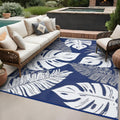 GAOMON Large Outdoor Plastic Rug 10x14 Waterproof Straw Rug Reversible Foldable Camping Mat with Stakes & Bag, Modern Tropical Leaf Farmhouse Outside Carpet for Patio RV Garden Deck, Blue