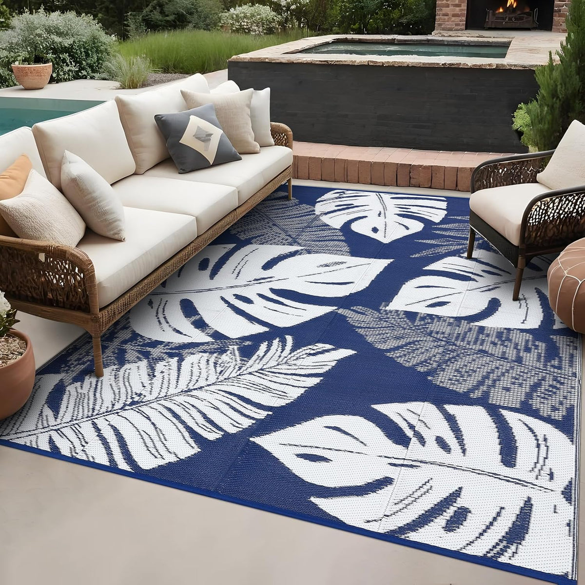 GAOMON Large Outdoor Plastic Rug 10x14 Waterproof Straw Rug Reversible Foldable Camping Mat with Stakes & Bag, Modern Tropical Leaf Farmhouse Outside Carpet for Patio RV Garden Deck, Blue