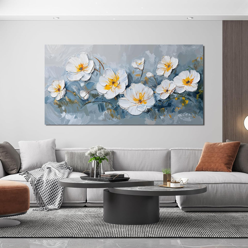 KUPTEU Canvas Wall Art Decor Large Wall Art Pictures for Living Room White Flowers Wall Art Prints Canvas Art Wall Decor Hallway Decorations Artwork for Walls Bedroom Home Aesthetic Decor 24" X 48"