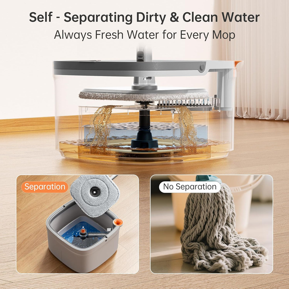 KZKR Spin Mop and Bucket Set with Self Separation Dirty and Clean Water System, Self Wringing 360° Rotating Square Mop Head for Home Floors Cleaning (1.0 Mop and Bucket Set (4 Pads))