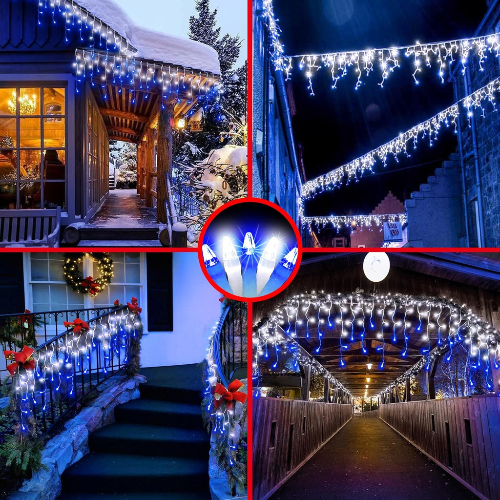 504LED 50ft Christmas Lights, 112Drops 12 Modes Christmas String Lights Outdoor Dimmable, Waterproof Christmas Decorations Fairy Lights with Timer Memory for Party Patio Window Fence Blue & CoolWhite