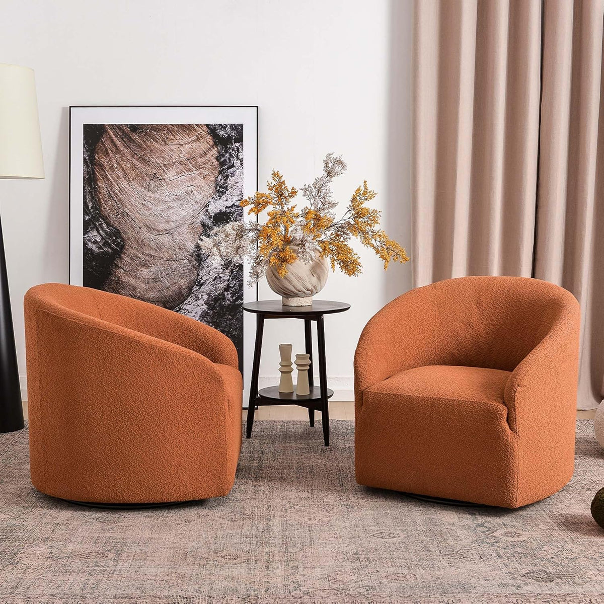 KINWELL 32" Wide Swivel Barrel Chairs Set of 2, Boucle Upholstered Swivel Accent Chairs, Mid-Century 360 Degree Swivel Chairs, No Assembly Round Armchairs for Living Room, Bedroom (Caramel)