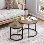 Smuxee Nesting Coffee Table Set of 2, 23.6" Round Coffee Table Wood Grain Top with Adjustable Non-Slip Feet, Industrial End Table Side Tables for Living Room Bedroom Balcony Yard