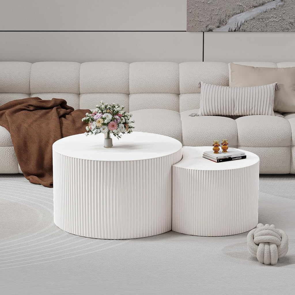 WXFKLDJ Round Nesting Coffee Table Set Cylindrical Wooden Coffee Table Sofa Center Table Circle Embossed Design Side Table for Living Room Apartment No Assembly (C-Shaped Small)