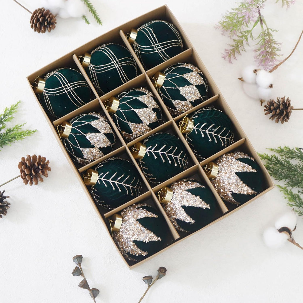 3.15INCH Green Velvet Ornaments for Christmas Tree, 12PCS Glitter Flocked Christmas Ornaments Decorations Balls Set Decor