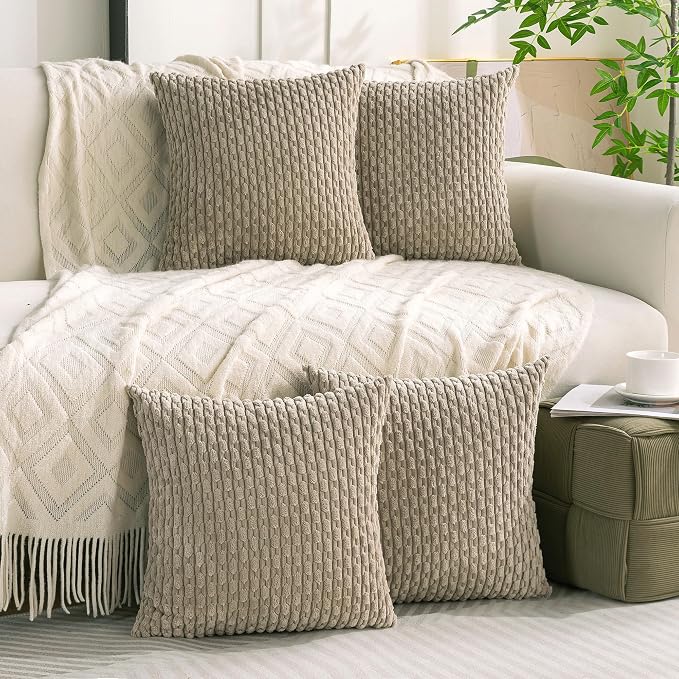 Set of 4 Taupe Decorative Throw Pillow Covers 26x26 Inch Corduroy Pillow Covers - Image 9