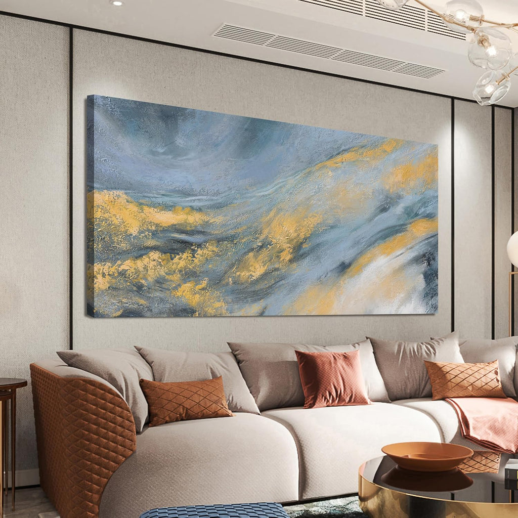 Abstract Wall Art Decor Large Modern Blue Wall Art Prints Canvas Wall Art for Living Room Abstract Canvas Art Wall Decor Gold Wall Art Decorations Artwork for Walls Kitchen Bedroom Decor 24" X 48"