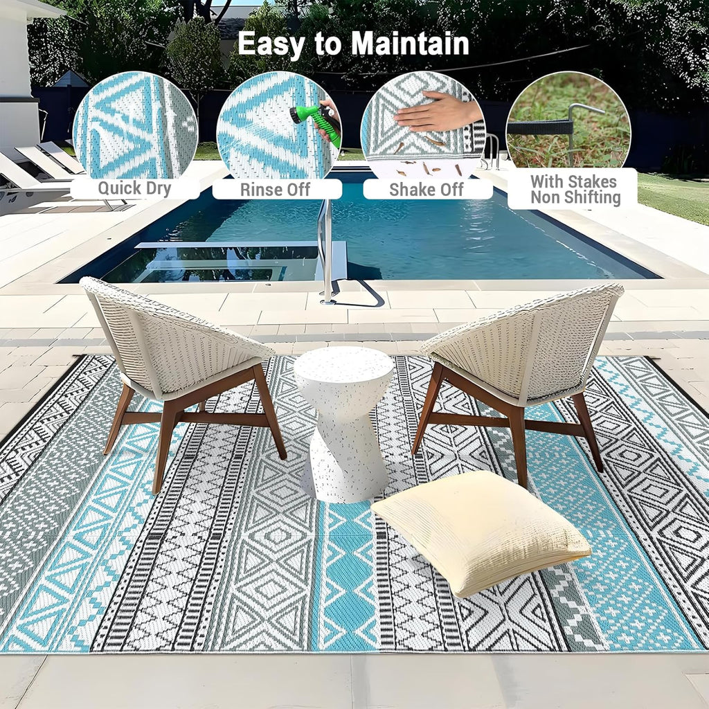 GAOMON Outdoor Plastic Straw Rug, 10'x14' Reversible Sage Green Patio Mat, Flower Modern Design for RV, Backyard, Deck, Camping, Picnic, Blue/Grey(Bohemia)