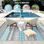 GAOMON Outdoor Plastic Straw Rug, 10'x14' Reversible Sage Green Patio Mat, Flower Modern Design for RV, Backyard, Deck, Camping, Picnic, Blue/Grey(Bohemia)