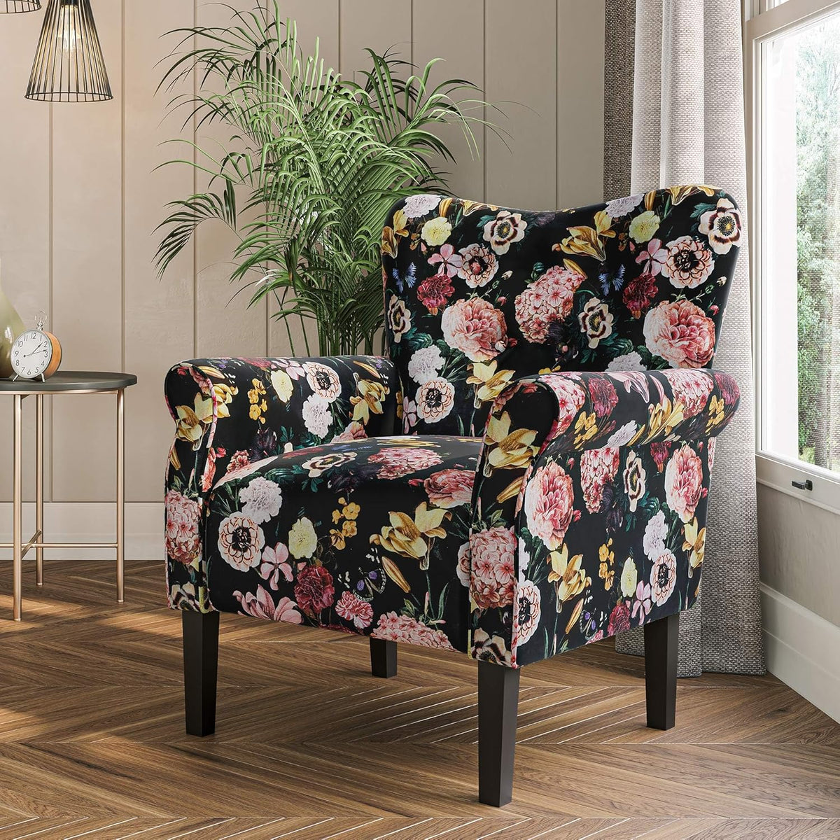 BELLEZE Modern Accent Chair for Living Room, High Back Linen Armchair with Wooden Legs, Upholstered Wingback Side Chair Padded Armrest Single Sofa for Living Room, Bedroom - Allston (Black & Flower)