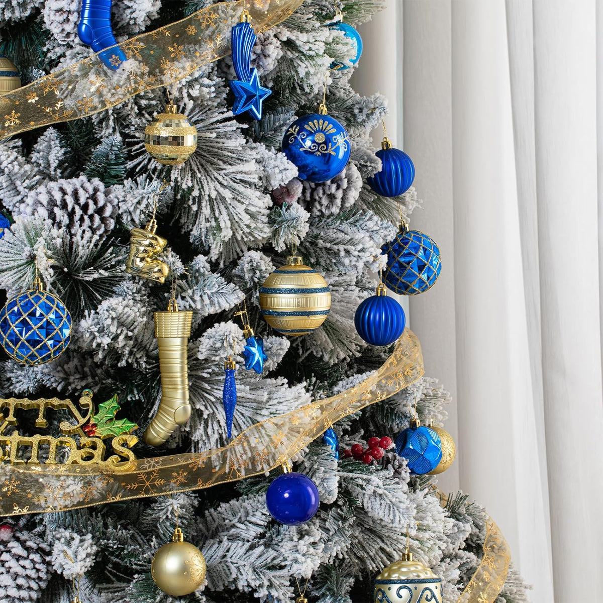 150Pcs Christmas Ball Ornaments Set, Assorted Bauble Ornaments for Xmas Tree, Shatterproof Plastic Hanging Decor for Home/Indoor/Outdoor/Festival/Party (Blue & Gold)