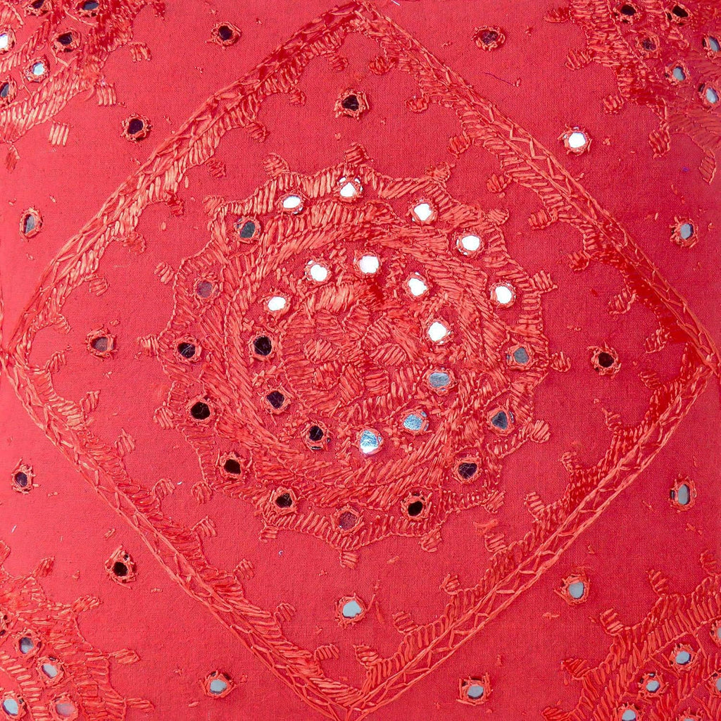 Eyes of India Embroidered Decorative Boho Throw Pillow Cover with Mirrors, Handmade Bohemian Accent Cushion Case for Sofa Couch Bedroom Living Room (Red, 24" x 24")
