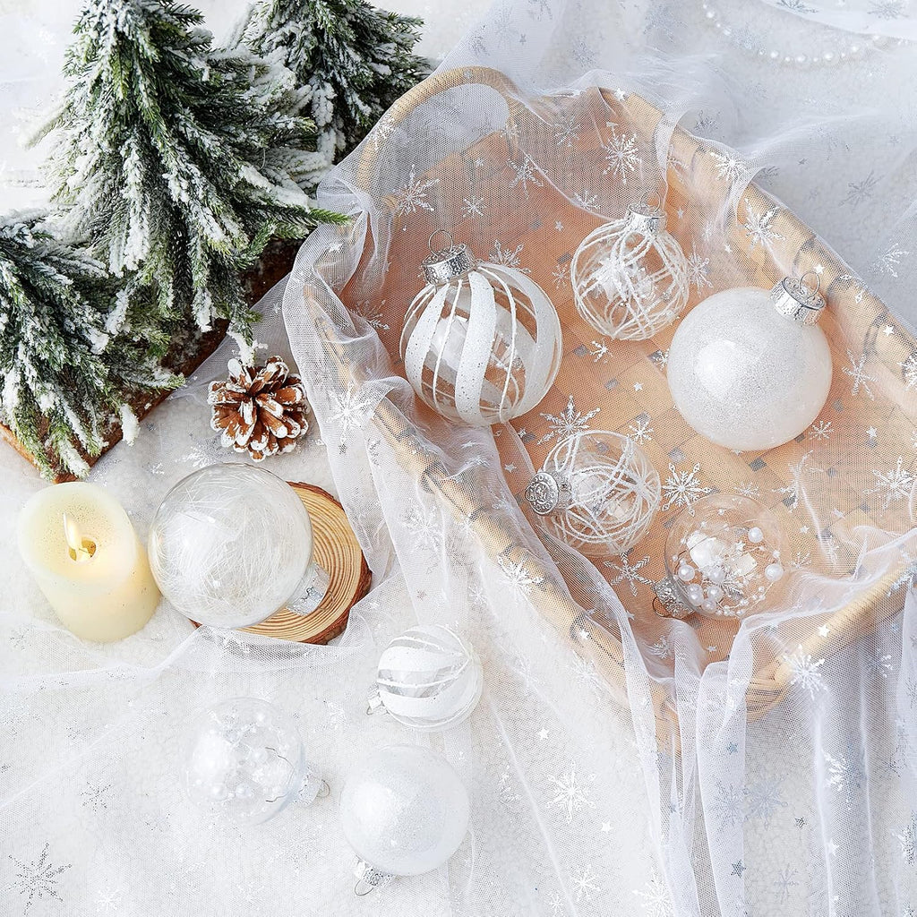 Clear Christmas Ball Ornaments,24ct Shatterproof Plastic Decorative Christmas Ornaments Hanging Xmas Tree Baubles Set with Stuffed Delicate Glittering Decorations for Holiday Party Home Decor(White)