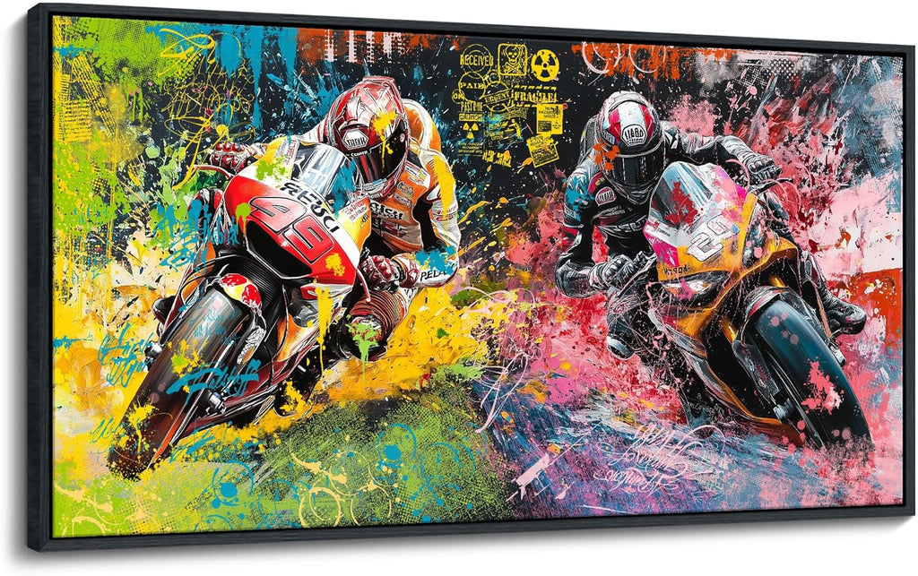 JEAWA Framed Canvas Wall Art - Large Abstract Painting Decor, Motorcycle Racing Color Graffiti Pictures, Modern Art Prints for Bedroom Living Room Bathroom Home Decoration, 29x58 IN