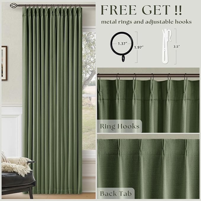 105 Inch Olive Green Linen Pinch Pleated Blackout Curtains - Image 5