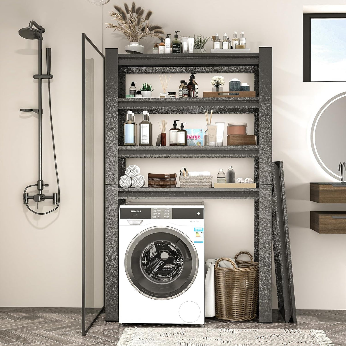 Over Washer and Dryer Storage Shelves,5 Tiers Laundry Room Standing Shelf,Adjustable Metal Shelving Unit,Space Saving Shelf, 63" H x 31.5" W x 15.7" D, Black