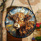 Stained Glass Window Hanging - Funny Cow Flower Suncatcher Ready to Hang Window Doors Home Decoration and Christmas, Mother's Day Birthday Gifts for Women, Men, and Mom 11.8x11.8 in