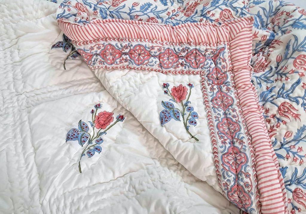 Twin Size Rose Pink Cotton Throw Blanket – 60x90 Hand Block Printed Lightweight Quilt – Soft Bedspread for Couch, Sofa & Bed – Cozy All-Season Boho Floral Blanket – Handmade in India