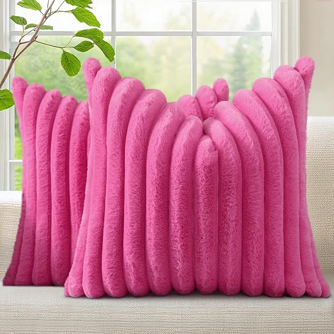 decorUhome Fall Faux Fur Throw Pillow Covers 16x16 Set of 2 Hot Pink | by decorUhome